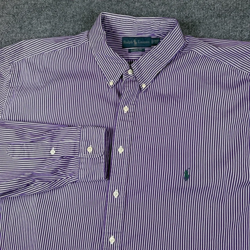Polo Ralph Lauren Shirt Mens 3XLT Purple White Striped Cotton Poplin Button Up